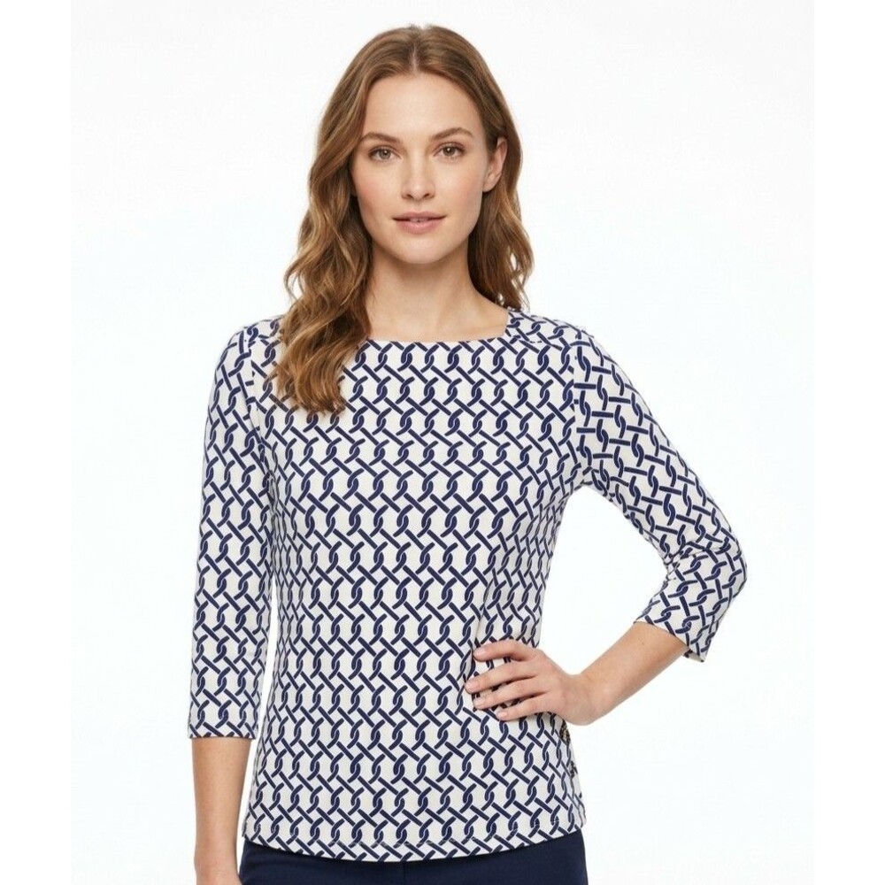 Chico's Knit Top Size 2 Navy Blue 3/4 Sleeve Square Neck Pullover Stretch Large